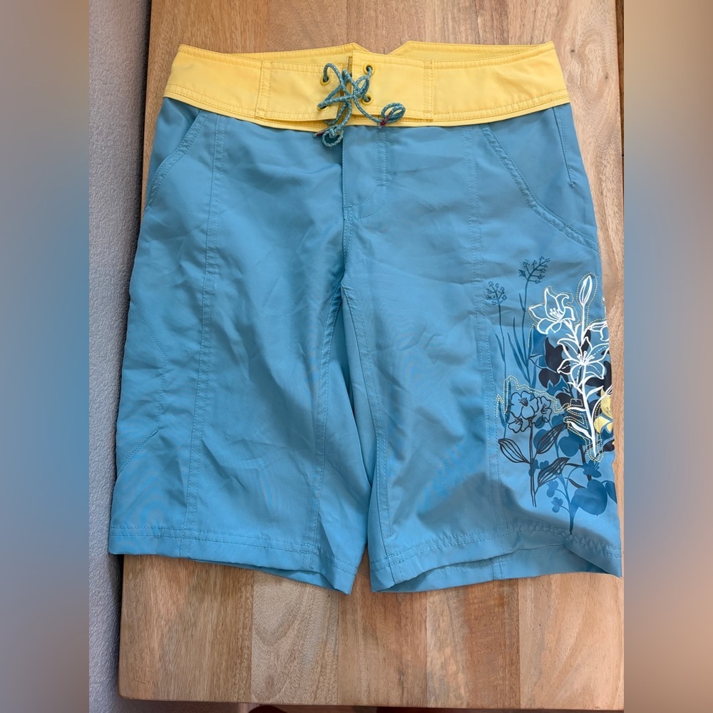The North Face Teal Swim Shorts with Yellow Waistband